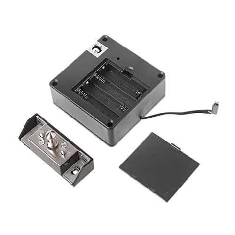 Discreet USB powered cabinet lock with NFC and RFID access for wooden drawers, lock components laid out separately