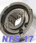 NFS17 one way clutch 17x47x19mm sprag freewheel backstop with metal construction, front view showing bore and locking mechanism.