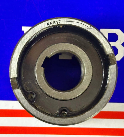 NFS17 one way clutch 17x47x19mm sprag freewheel backstop, close-up showing rotation direction and part detail.
