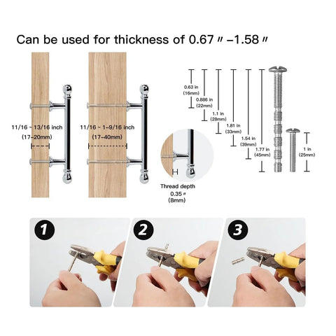 Diagram showing installation of 10 Pack Polished Nickel Cabinet Pulls 3 Inch Hole Center 76mm with screws for 17-20mm panels