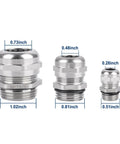 Three sizes of beefy three quarter inch NPT nickel plated copper waterproof cable glands with measurements in inches shown.