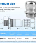 Diagram of 4 Pack Half Inch NPT Nickel-Plated Copper Waterproof Beefed-Up Cable Glands With IP68 Rating detailing components and size specifications.