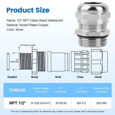 Diagram of 4 Pack Half Inch NPT Nickel-Plated Copper Waterproof Beefed-Up Cable Glands With IP68 Rating detailing components and size specifications.