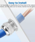 4 Pack Half Inch NPT Nickel-Plated Copper Waterproof Beefed-Up Cable Glands With IP68 Rating installed with blue cable