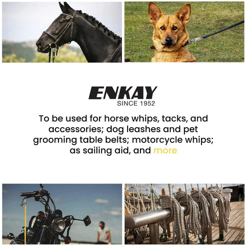 Nickel Plated Panic Snap 4 Inch With Quick Release And Secure Lock For Horse Tack Whips And Accessories shown in multiple uses with horses, dogs, motorcycles, and marine ropes.