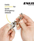 Hands demonstrating quick release on Nickel Plated Panic Snap 4 Inch With Quick Release And Secure Lock For Horse Tack Whips
