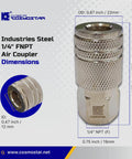 1/4 Inch Air Coupler Quick Connect CFNPT Style Nickel Plated Steel Industrial Pneumatic Coupler With 1/4 Inch Flow Size And 1/4 Inch Female NPT Thread Built Tough For Daily Shop Use And Universal Tool Compatibility showing dimensions.