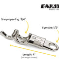 Nickel Plated Panic Snap 4 Inch With Quick Release And Secure Lock for horse tack whips and accessories, showing dimensions