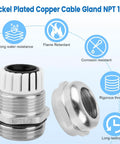 4 Pack Half Inch NPT Nickel-Plated Copper Waterproof Beefed-Up Cable Glands With IP68 Rating shown with flame retardant features.