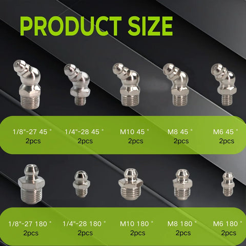 Nickel Plated Iron Grease Fittings Assortment Kit For Automotive And Industrial Use, showing product sizes and angles