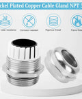 Set Of Four NPT 3/4 Inch Nickel Plated Copper Waterproof Cable Glands With IP68 Sealing, Adjustable 13-18mm Cable Connectors