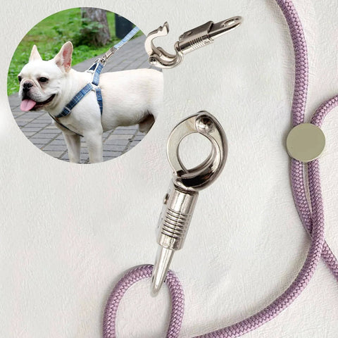 10 Pack Nickel Plated Quick Release Panic Snap With Fixed Eye, attached to get back whip for dog leash, showing easy release.