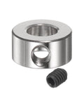 Close-up view of a nickel-plated 10pcs Set Screw Collars 5.05mm Bore Shaft Collars with a set screw beside it.