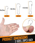 60 Pieces Nickel Plated Metal Spring Hook Buckles Snap Hanging Clips in 20mm, 30mm, 40mm sizes shown on hand and close up