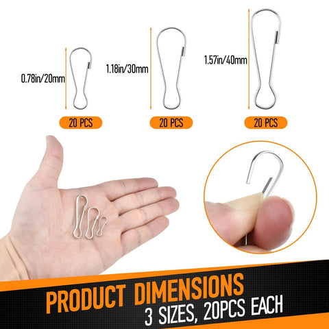 60 Pieces Nickel Plated Metal Spring Hook Buckles Snap Hanging Clips in 20mm, 30mm, 40mm sizes shown on hand and close up