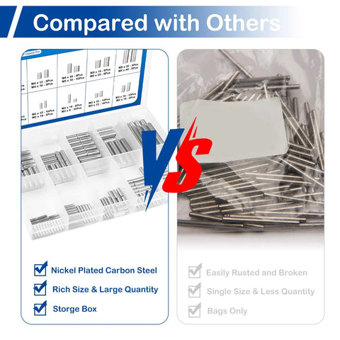Comparison of 304 Stainless Steel Dowel Pins Set 150pcs vs other pin kits with durability and packaging differences.