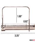 Close-up of a Beefy 5/8 Inch Square Trailer Pin, 3 Inch Long, showing dimensions and nickel-plated finish.