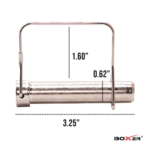 Close-up of a Beefy 5/8 Inch Square Trailer Pin, 3 Inch Long, showing dimensions and nickel-plated finish.