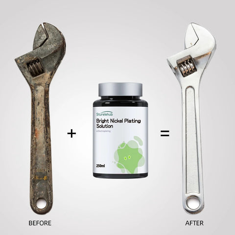 Before and after comparison of a rusty wrench restored using Bright Nickel Plating Solution 250ml for Electroplating With Excellent Corrosion Resistance, High Hardness and Electrical Conductivity Ideal for Automotive, Electronics, Architectural Decoration, Kitchenware and Furniture.