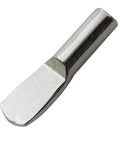 Close-up of a spoon-shaped cabinet shelf pin, nickel-plated metal, part of the Twenty Five Pack One Eighth Inch Spoon Shaped Cabinet Shelf Pins.