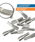 Flat spoon shaped design of the Twenty Five Pack One Eighth Inch Spoon Shaped Cabinet Shelf Pins Heavy Duty Metal With Nickel Finish.