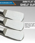 Close-up of heavy duty 3mm flat spoon style shelf support pins with nickel finish showing extreme durability features.