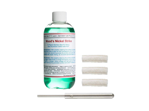 Brush Plating Kit For Stainless Steel With Gold Silver Rose Gold Nickel Plating Solutions Includes 1 Oz 24K Gold Pen Plating Solution And Comprehensive Plating System For Professional Home Use showing Wood's Nickel Strike bottle with applicators