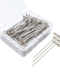 2 Inch T Pins Set Of 100 Nickel Plated Steel Pins With Plastic Storage Box displayed with pins and box open, ideal for knitting and sewing.