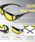 Over Glasses Night Driving Glasses with Polarized UV400 Anti Glare Yellow Lens, shown with durable hinges, ventilation, and secure fit features.