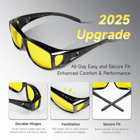Over Glasses Night Driving Glasses with Polarized UV400 Anti Glare Yellow Lens, shown with durable hinges, ventilation, and secure fit features.