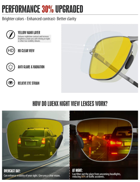 Yellow-lens Night Vision Driving Glasses Polarized Anti Glare For Men Rectangular Sunglasses reducing car headlight glare.