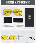 Package contents and size details for Night Vision Driving Glasses Polarized Anti Glare For Men Rectangular Sunglasses with yellow lenses.