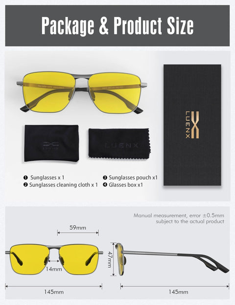 Package contents and size details for Night Vision Driving Glasses Polarized Anti Glare For Men Rectangular Sunglasses with yellow lenses.
