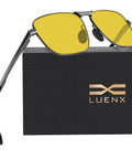 Night Vision Driving Glasses Polarized Anti Glare For Men Rectangular Sunglasses with yellow lenses on branded case.