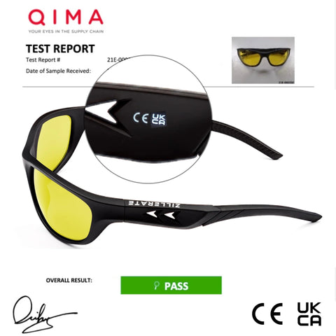 Side view of Night Vision Driving Glasses With Anti Glare Yellow Polarized Lenses, black TR90 frame, test report background