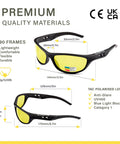 Night Vision Driving Glasses With Anti Glare Yellow Polarized Lenses, TR90 frames, dimension details, lightweight design.
