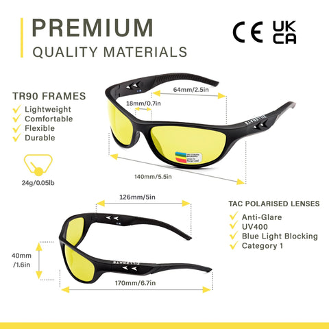 Night Vision Driving Glasses With Anti Glare Yellow Polarized Lenses, TR90 frames, dimension details, lightweight design.