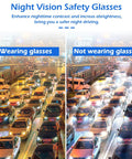Comparison of night traffic with and without night vision safety glasses for enhanced visibility.
