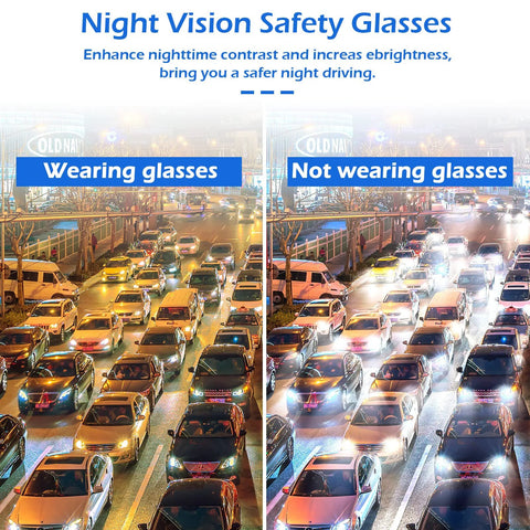 Comparison of night traffic with and without night vision safety glasses for enhanced visibility.