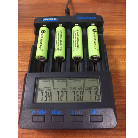 NiMH AA 600mAh 1.2V Rechargeable Batteries For Solar Lights 12 Pack charging in a digital battery charger