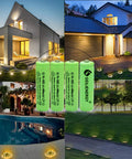 NiMH AA 600mAh 1.2V rechargeable batteries for solar lights 12 pack with outdoor night garden and pathway scenes in background