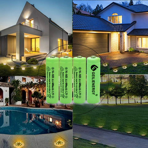 NiMH AA 600mAh 1.2V rechargeable batteries for solar lights 12 pack with outdoor night garden and pathway scenes in background