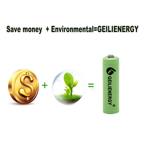 Illustration showing money and environment symbols leading to NiMH AA 600mAh 1.2V Rechargeable Batteries For Solar Lights 12 Pack.