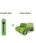 Comparison of NiMH AA 600mAh 1.2V rechargeable battery to multiple alkaline batteries, illustrating eco-friendly benefits of solar power