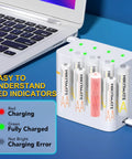 AA And AAA NiMH 2800mAh Rechargeable Batteries Bundle With 8 Slot Type C Charger showing LED indicators and batteries in use
