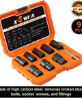 Nine Piece Lug Nut Extractor Set With One Half Inch Drive Bolt Remover Sockets in orange case