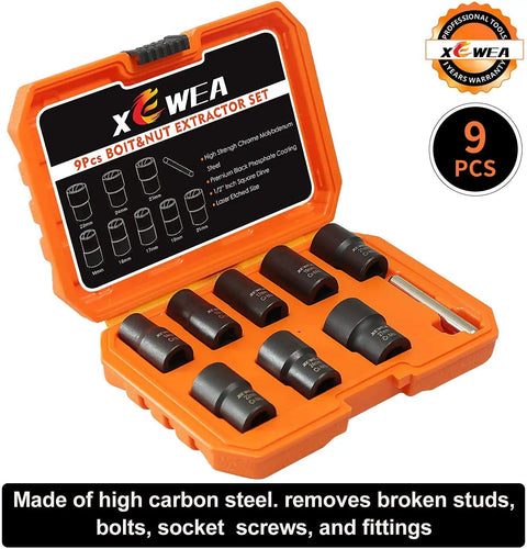 Nine Piece Lug Nut Extractor Set With One Half Inch Drive Bolt Remover Sockets in orange case