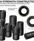 Nine Piece Lug Nut Extractor Set With One Half Inch Drive Bolt Remover Sockets For Damaged Rusted Rounded Off Bolts And Wheel Lock Removal Easy Out Extractor Set For Impact Tools A Solid Fathers Day Gift, showing a group of sockets with size markings.