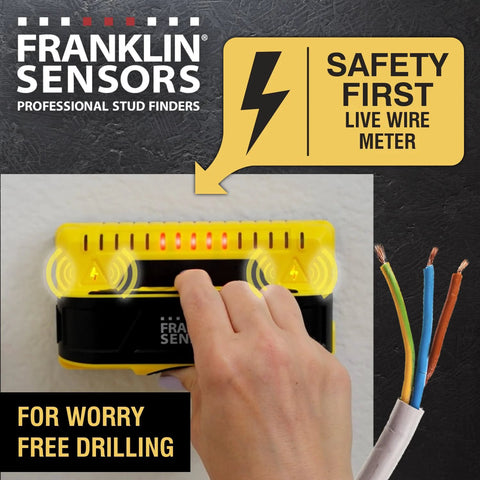 Nine-sensor stud finder and wall scanner with live wire detection for precise locating of wood and metal studs in use on wall.