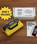 Nine-sensor stud finder and wall scanner with live wire detection, shown with packaging and instructions on a wooden surface.